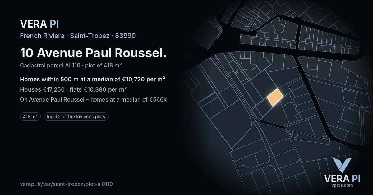 10 Avenue Paul Roussel, Saint-Tropez at night – the plot lit, the parcels around coloured by the prices near them