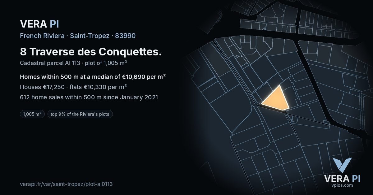 8 Traverse des Conquettes, Saint-Tropez at night – the plot lit, the parcels around coloured by the prices near them