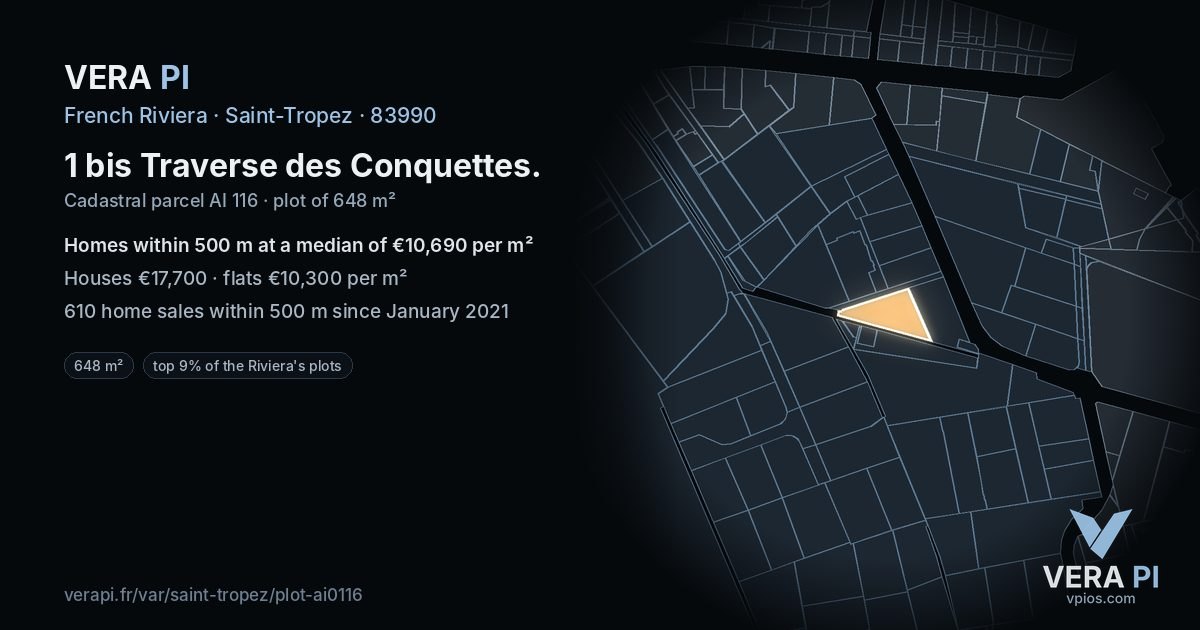 1 bis Traverse des Conquettes, Saint-Tropez at night – the plot lit, the parcels around coloured by the prices near them