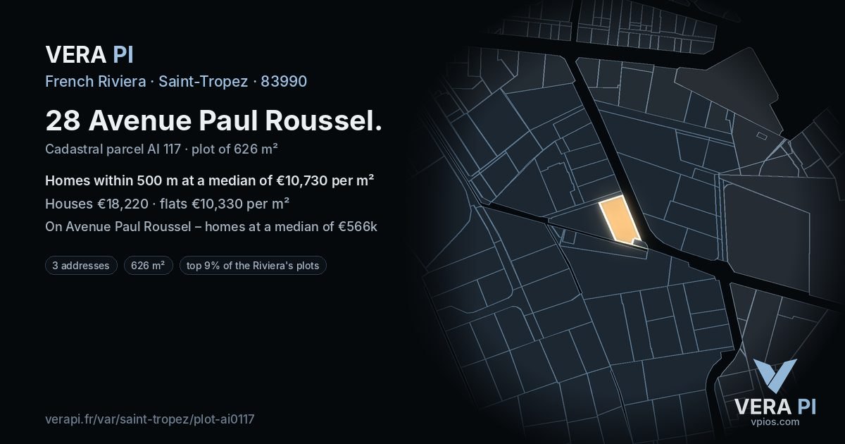 28 Avenue Paul Roussel, Saint-Tropez at night – the plot lit, the parcels around coloured by the prices near them