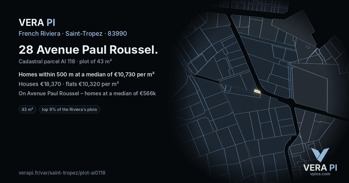 28 Avenue Paul Roussel, Saint-Tropez at night – the plot lit, the parcels around coloured by the prices near them