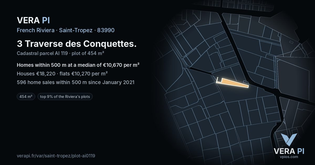 3 Traverse des Conquettes, Saint-Tropez at night – the plot lit, the parcels around coloured by the prices near them