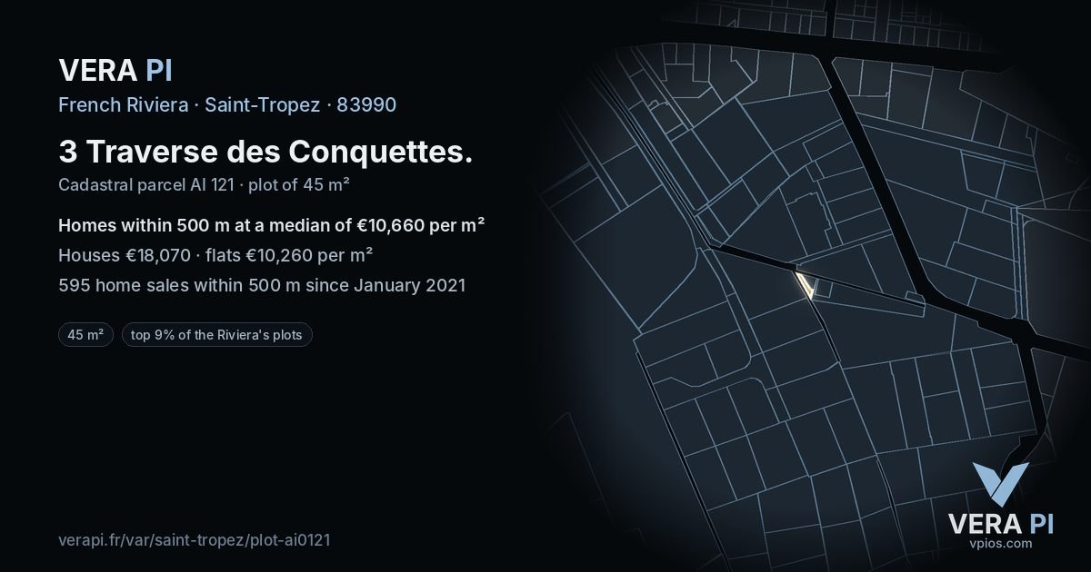 3 Traverse des Conquettes, Saint-Tropez at night – the plot lit, the parcels around coloured by the prices near them