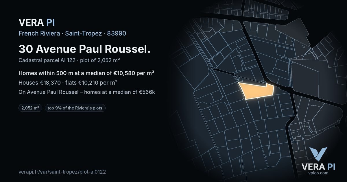 30 Avenue Paul Roussel, Saint-Tropez at night – the plot lit, the parcels around coloured by the prices near them