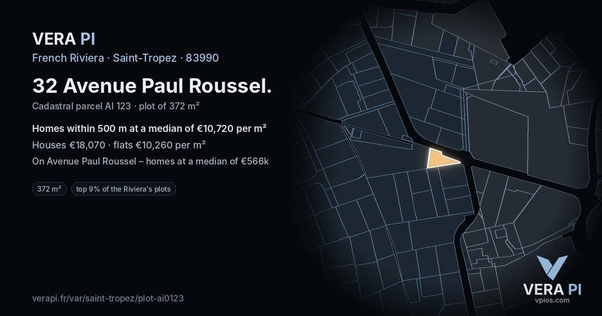 32 Avenue Paul Roussel, Saint-Tropez at night – the plot lit, the parcels around coloured by the prices near them