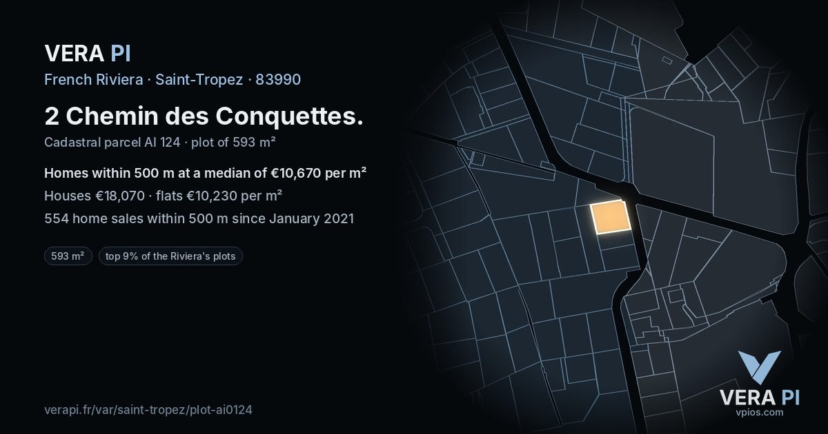 2 Chemin des Conquettes, Saint-Tropez at night – the plot lit, the parcels around coloured by the prices near them