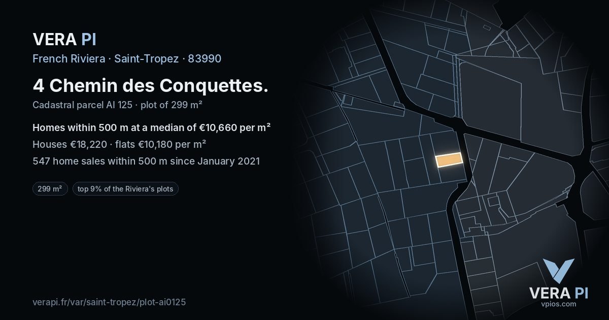 4 Chemin des Conquettes, Saint-Tropez at night – the plot lit, the parcels around coloured by the prices near them
