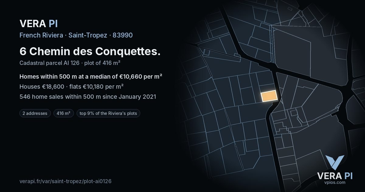 6 Chemin des Conquettes, Saint-Tropez at night – the plot lit, the parcels around coloured by the prices near them