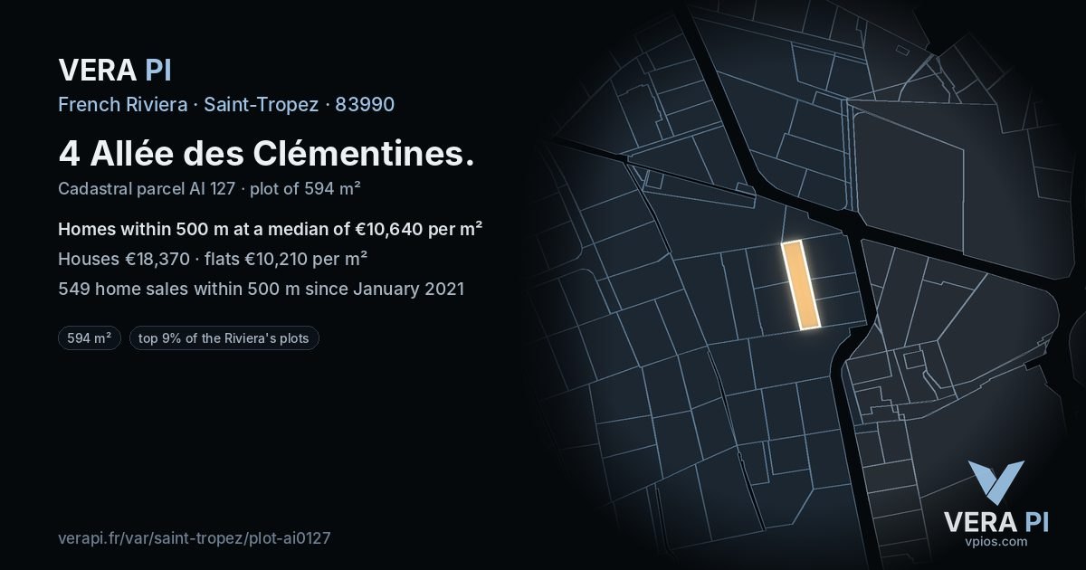 4 Allée des Clémentines, Saint-Tropez at night – the plot lit, the parcels around coloured by the prices near them