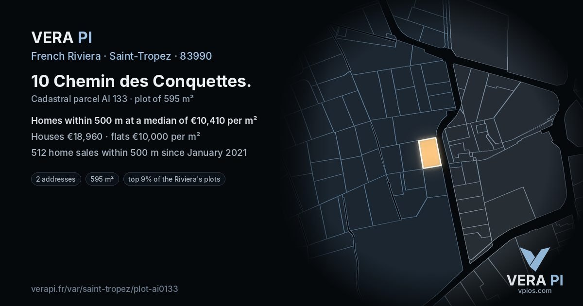 10 Chemin des Conquettes, Saint-Tropez at night – the plot lit, the parcels around coloured by the prices near them