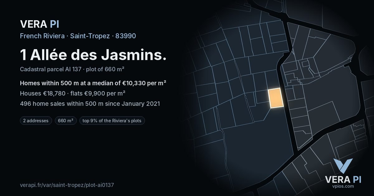 1 Allée des Jasmins, Saint-Tropez at night – the plot lit, the parcels around coloured by the prices near them