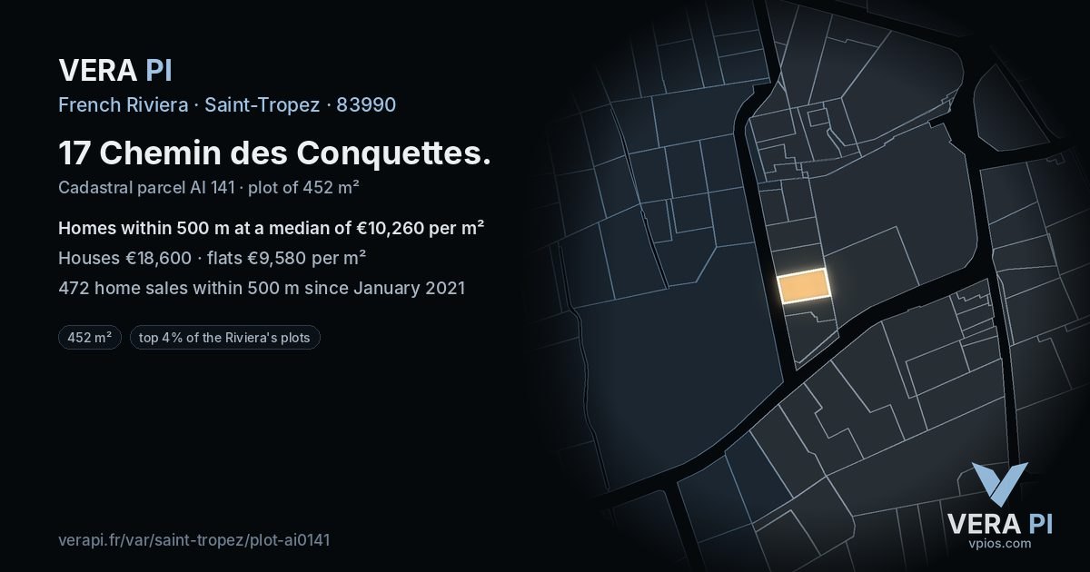 17 Chemin des Conquettes, Saint-Tropez at night – the plot lit, the parcels around coloured by the prices near them