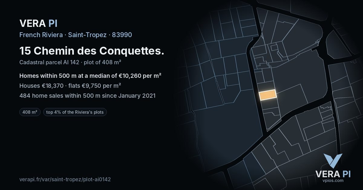 15 Chemin des Conquettes, Saint-Tropez at night – the plot lit, the parcels around coloured by the prices near them