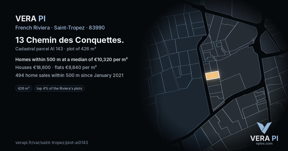 13 Chemin des Conquettes, Saint-Tropez at night – the plot lit, the parcels around coloured by the prices near them