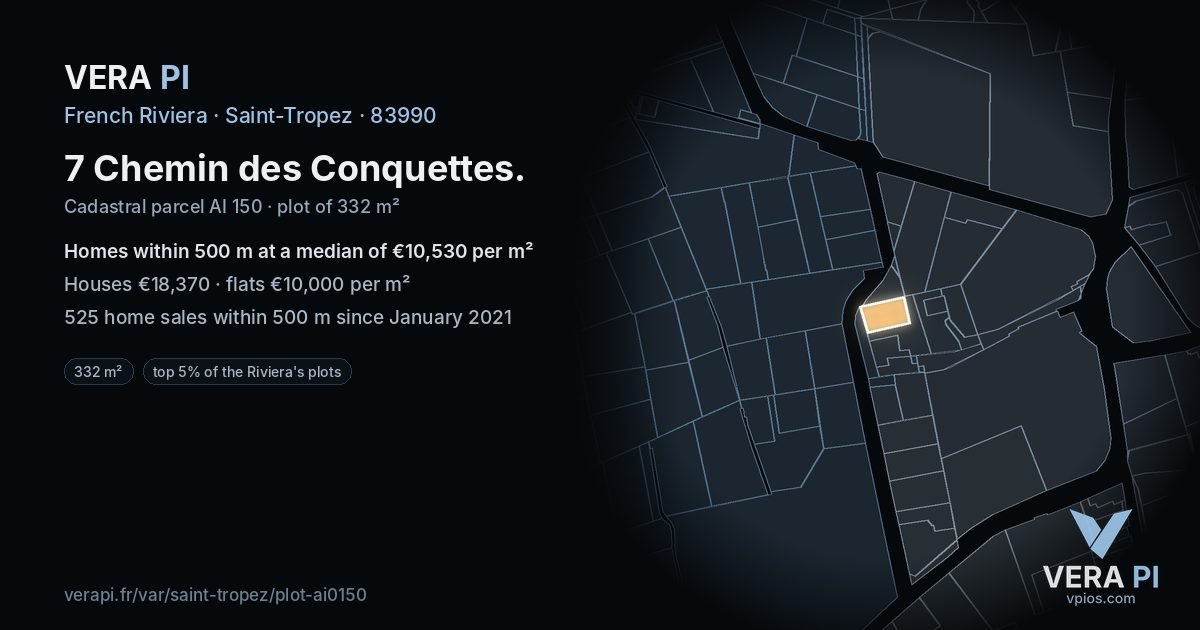 7 Chemin des Conquettes, Saint-Tropez at night – the plot lit, the parcels around coloured by the prices near them