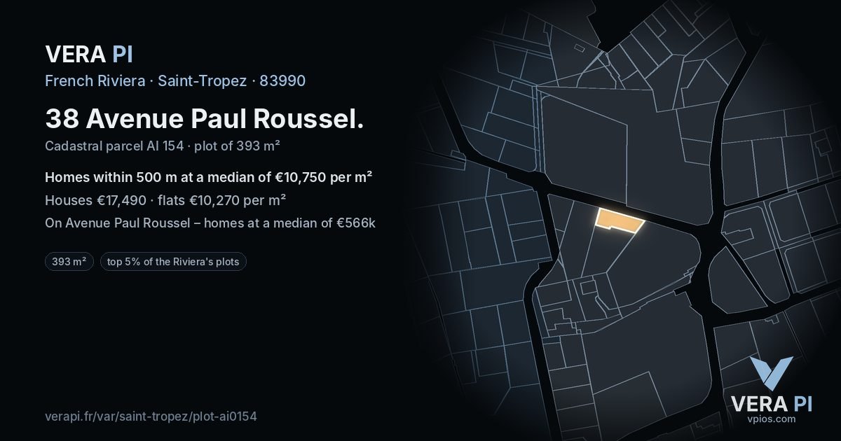 38 Avenue Paul Roussel, Saint-Tropez at night – the plot lit, the parcels around coloured by the prices near them