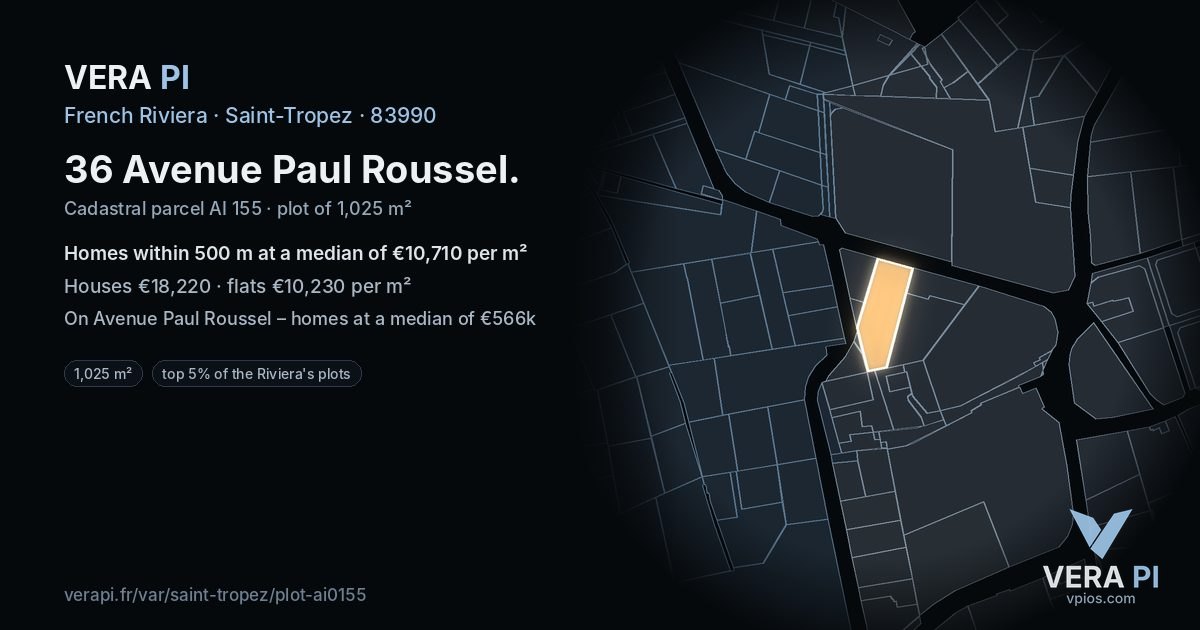 36 Avenue Paul Roussel, Saint-Tropez at night – the plot lit, the parcels around coloured by the prices near them