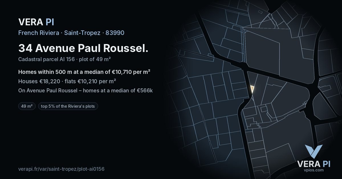 34 Avenue Paul Roussel, Saint-Tropez at night – the plot lit, the parcels around coloured by the prices near them