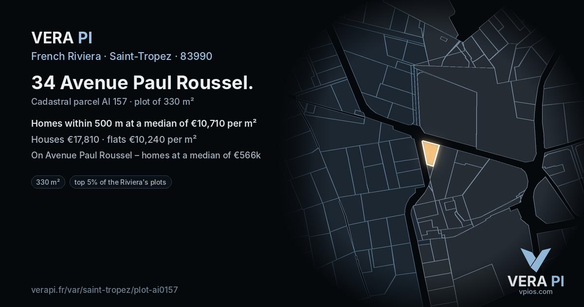 34 Avenue Paul Roussel, Saint-Tropez at night – the plot lit, the parcels around coloured by the prices near them