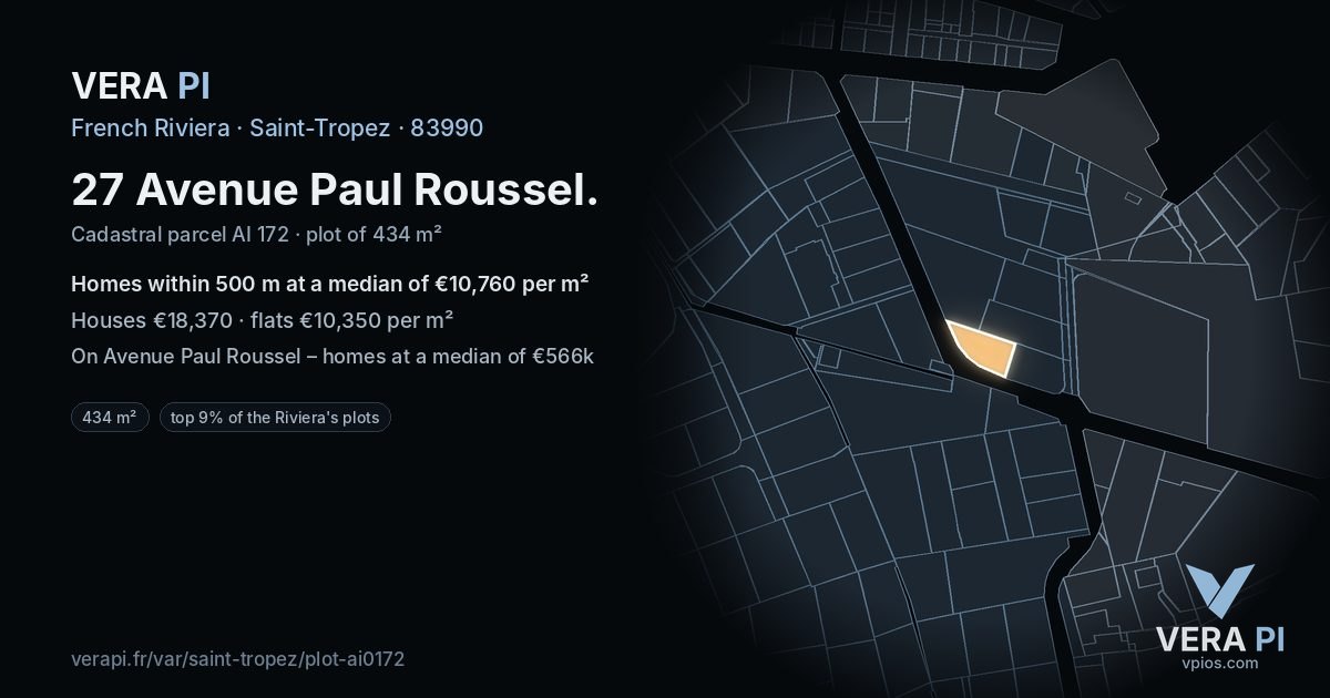 27 Avenue Paul Roussel, Saint-Tropez at night – the plot lit, the parcels around coloured by the prices near them