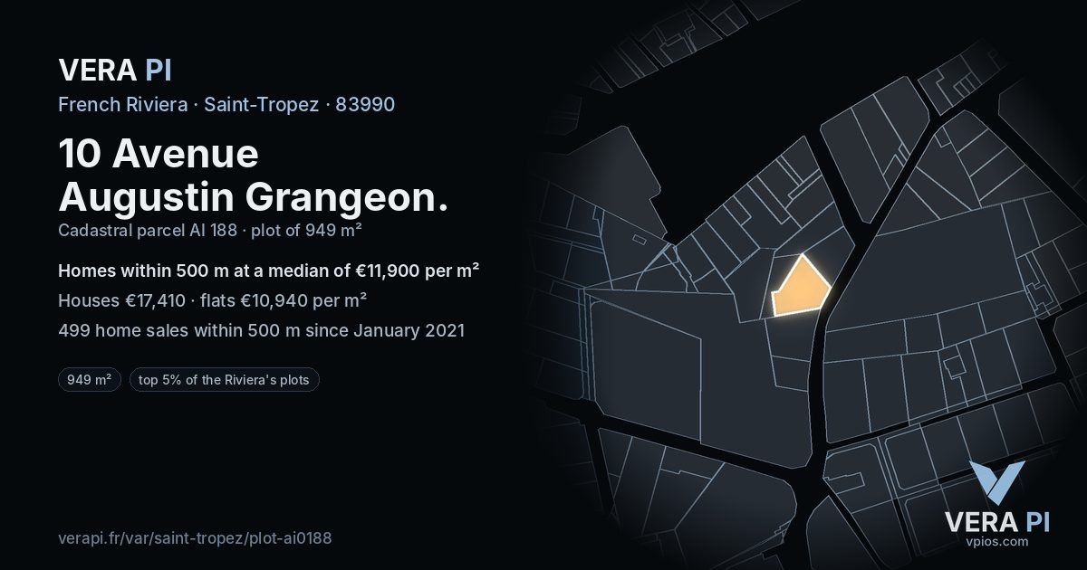 10 Avenue Augustin Grangeon, Saint-Tropez at night – the plot lit, the parcels around coloured by the prices near them