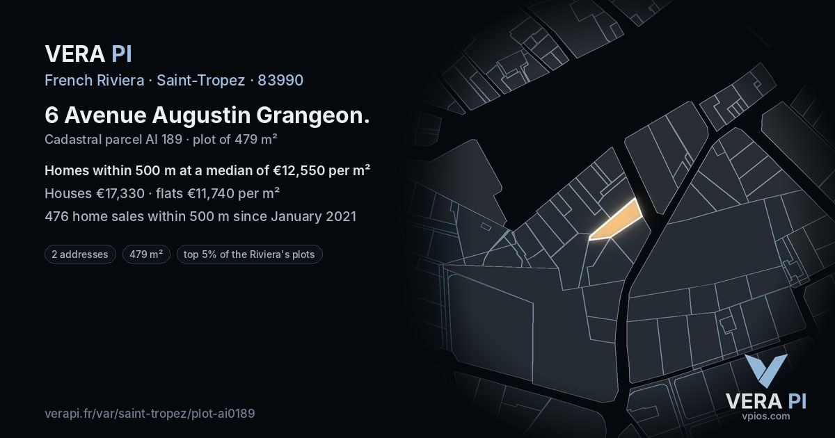 6 Avenue Augustin Grangeon, Saint-Tropez at night – the plot lit, the parcels around coloured by the prices near them
