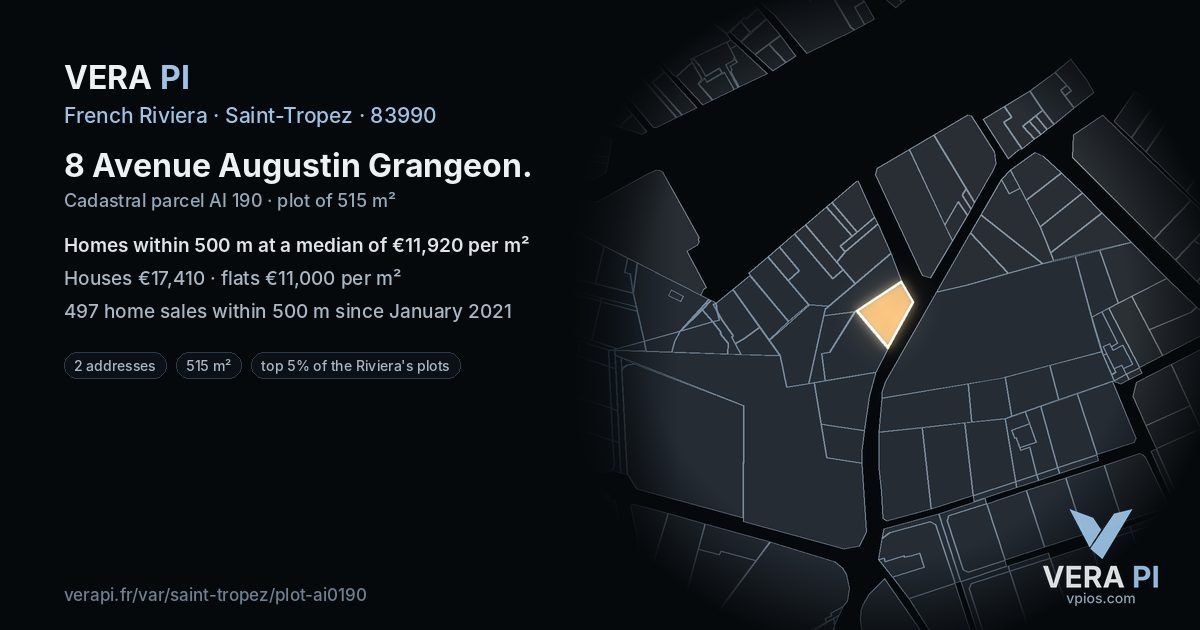 8 Avenue Augustin Grangeon, Saint-Tropez at night – the plot lit, the parcels around coloured by the prices near them