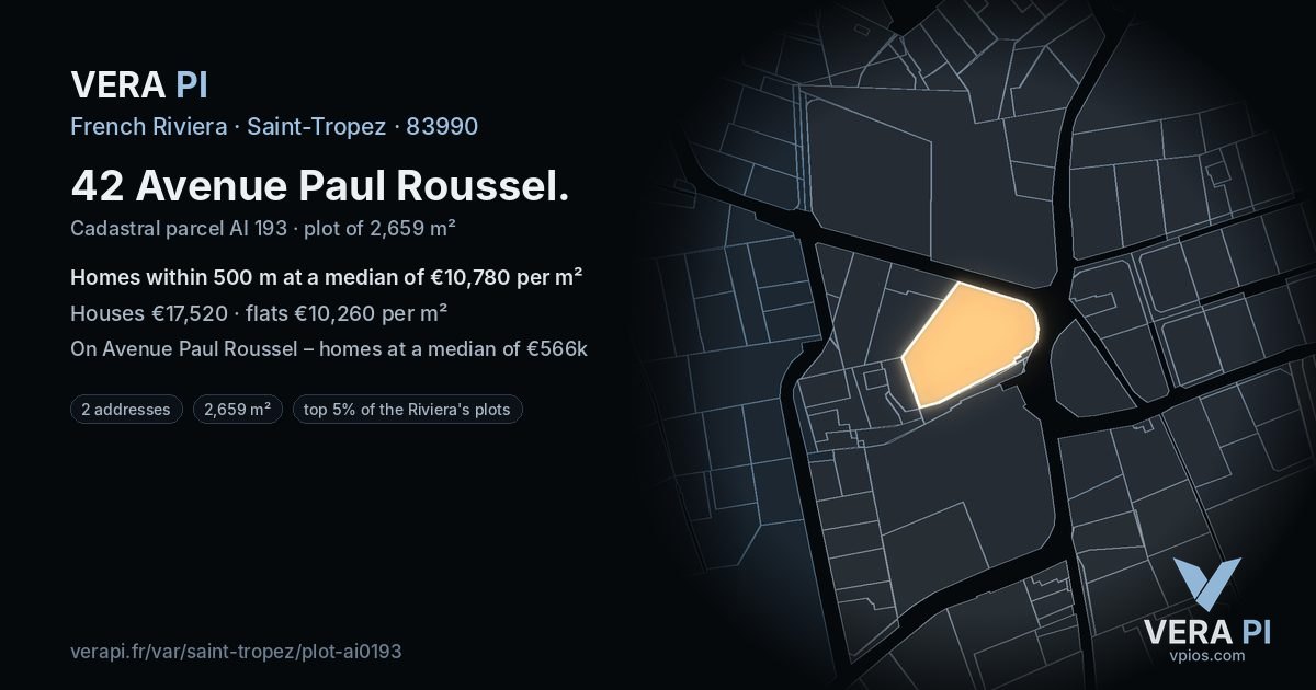 42 Avenue Paul Roussel, Saint-Tropez at night – the plot lit, the parcels around coloured by the prices near them