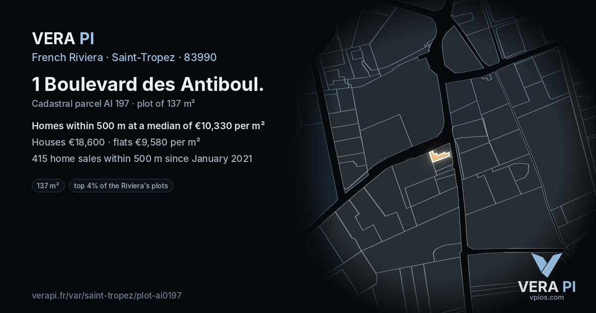 1 Boulevard des Antiboul, Saint-Tropez at night – the plot lit, the parcels around coloured by the prices near them