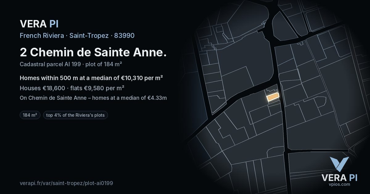 2 Chemin de Sainte Anne, Saint-Tropez at night – the plot lit, the parcels around coloured by the prices near them