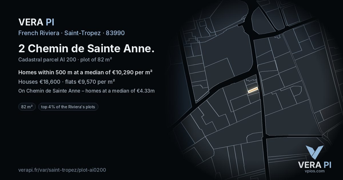 2 Chemin de Sainte Anne, Saint-Tropez at night – the plot lit, the parcels around coloured by the prices near them