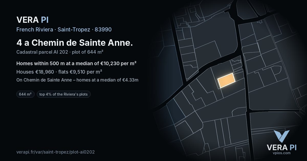 4 a Chemin de Sainte Anne, Saint-Tropez at night – the plot lit, the parcels around coloured by the prices near them