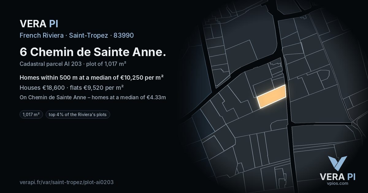 6 Chemin de Sainte Anne, Saint-Tropez at night – the plot lit, the parcels around coloured by the prices near them