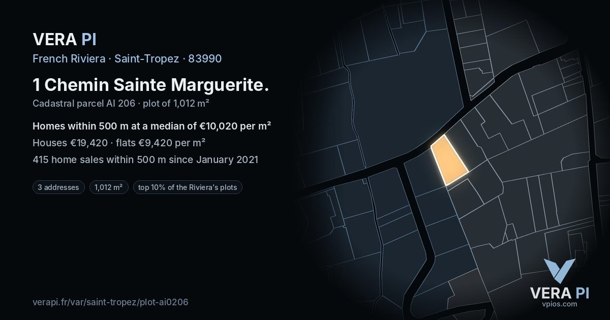 1 Chemin Sainte Marguerite, Saint-Tropez at night – the plot lit, the parcels around coloured by the prices near them