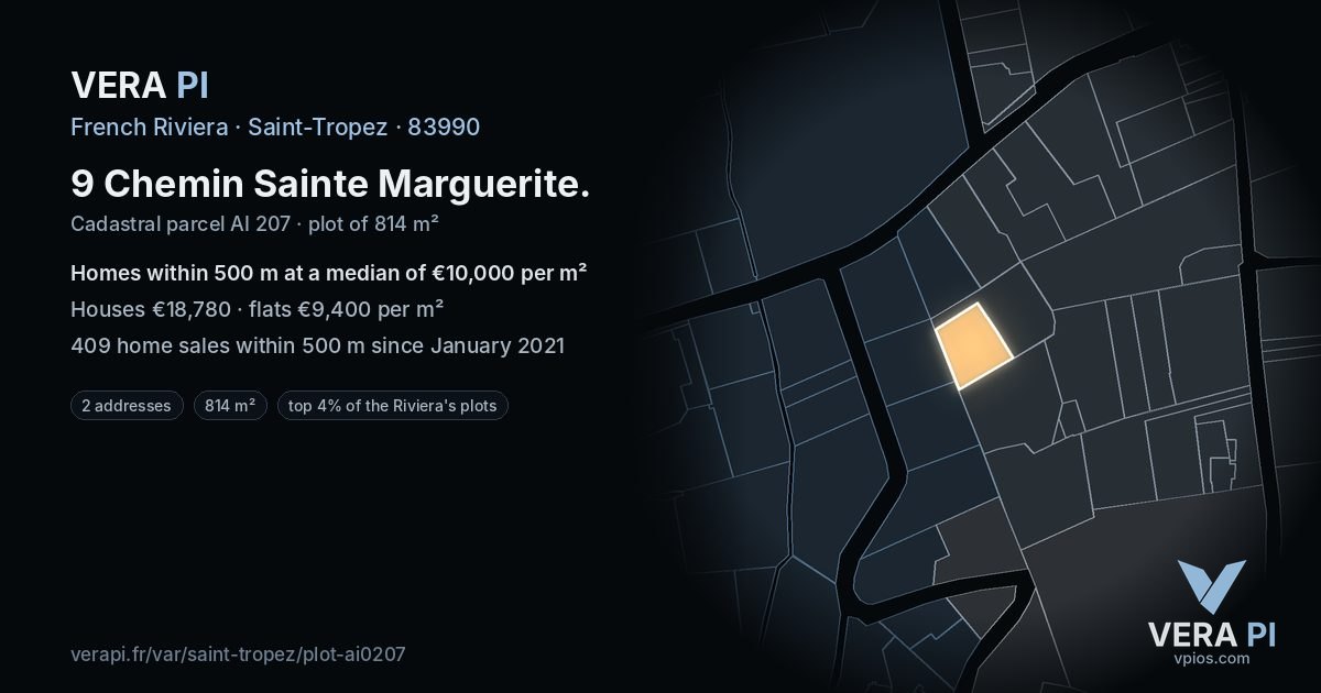 9 Chemin Sainte Marguerite, Saint-Tropez at night – the plot lit, the parcels around coloured by the prices near them
