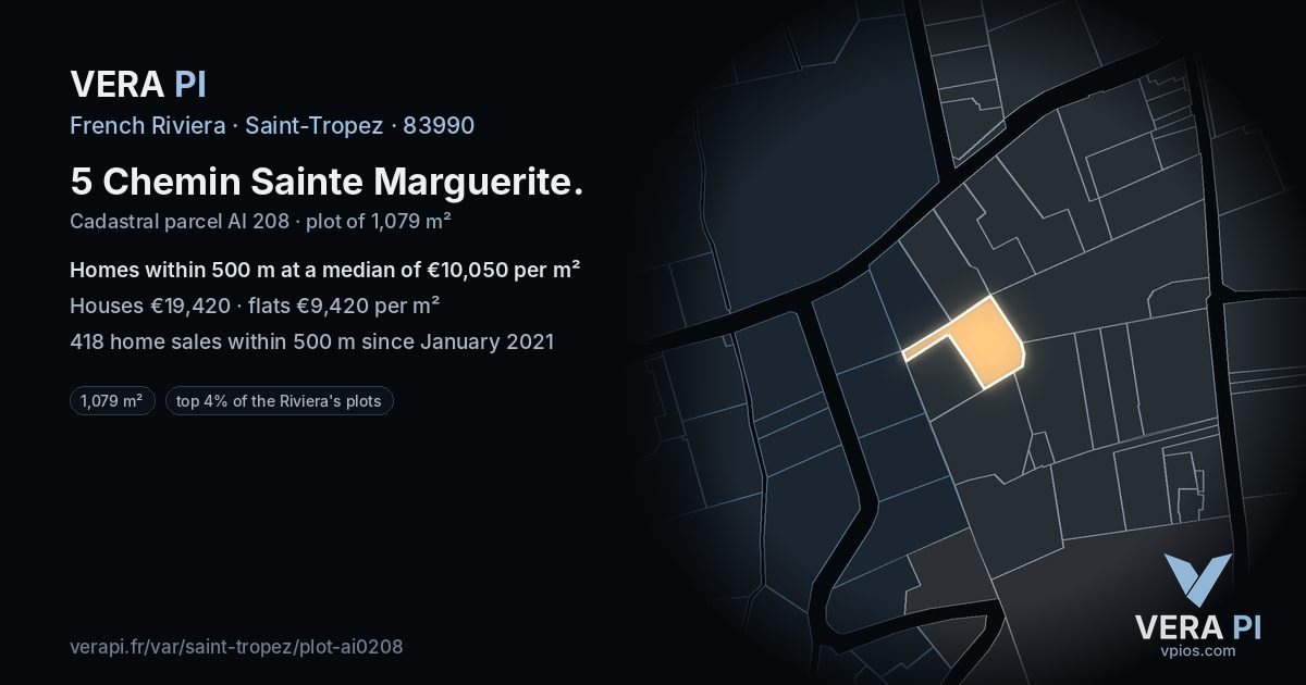 5 Chemin Sainte Marguerite, Saint-Tropez at night – the plot lit, the parcels around coloured by the prices near them
