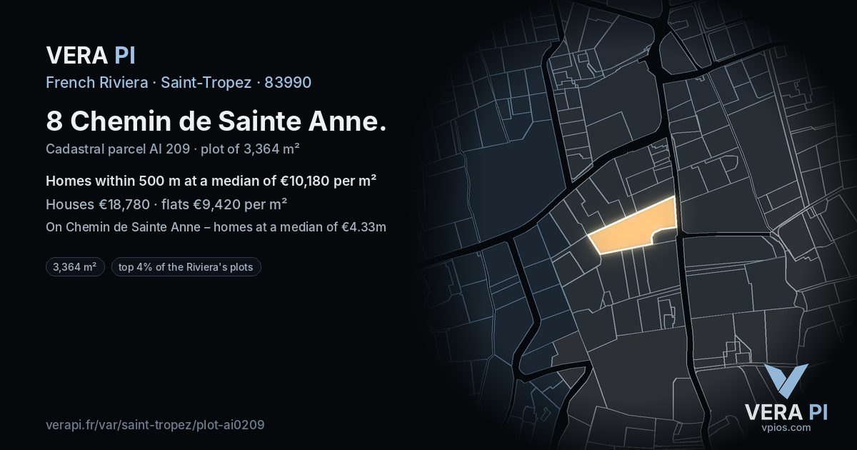 8 Chemin de Sainte Anne, Saint-Tropez at night – the plot lit, the parcels around coloured by the prices near them