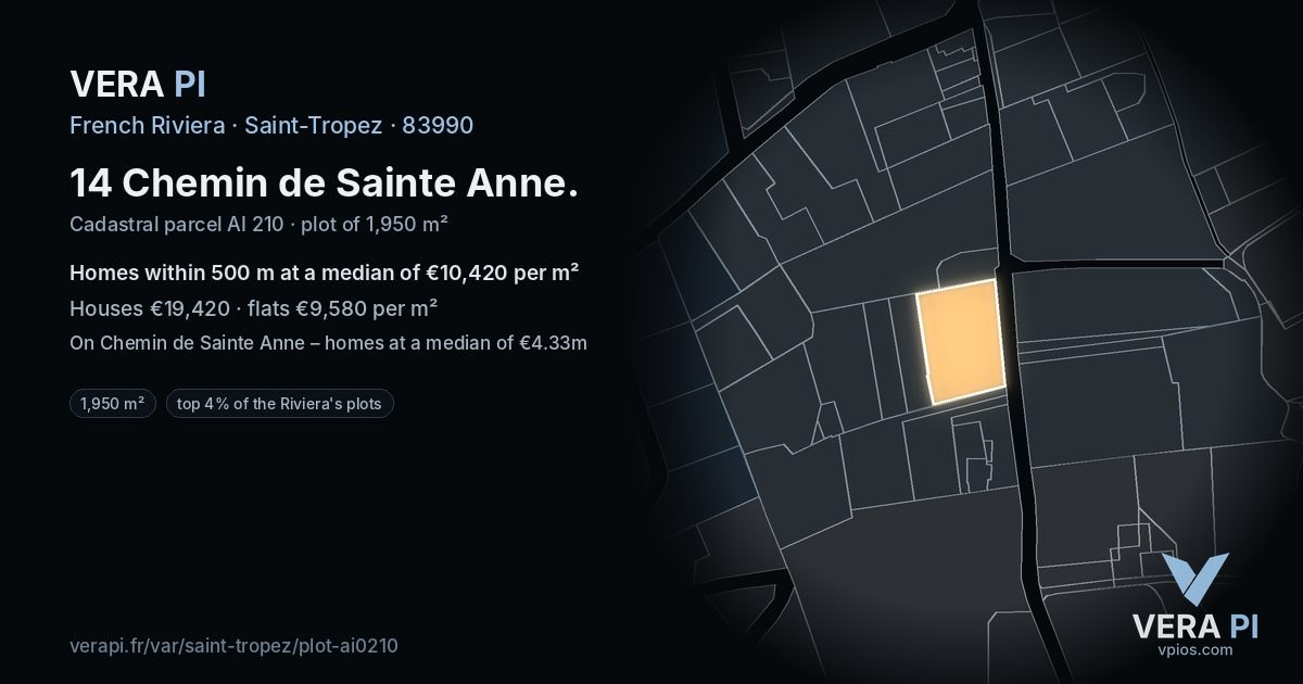 14 Chemin de Sainte Anne, Saint-Tropez at night – the plot lit, the parcels around coloured by the prices near them