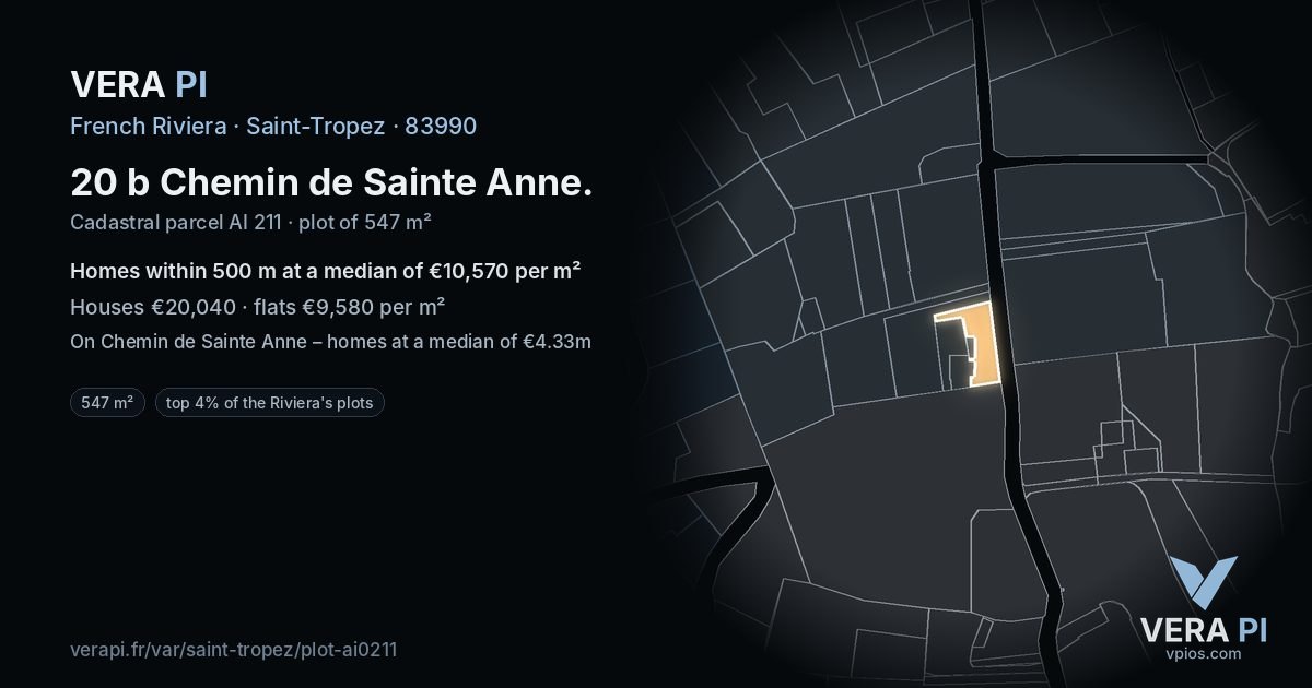 20 b Chemin de Sainte Anne, Saint-Tropez at night – the plot lit, the parcels around coloured by the prices near them