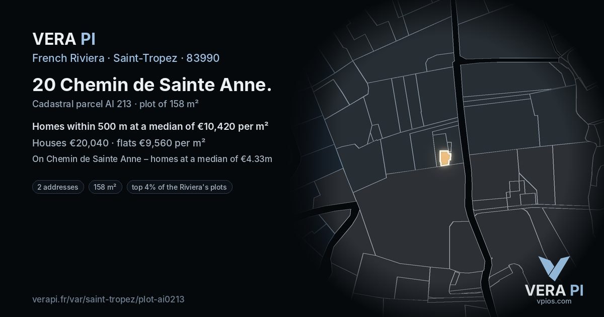 20 Chemin de Sainte Anne, Saint-Tropez at night – the plot lit, the parcels around coloured by the prices near them