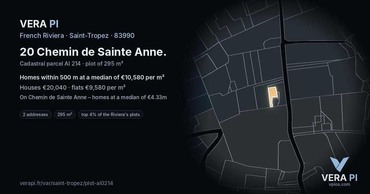 20 Chemin de Sainte Anne, Saint-Tropez at night – the plot lit, the parcels around coloured by the prices near them