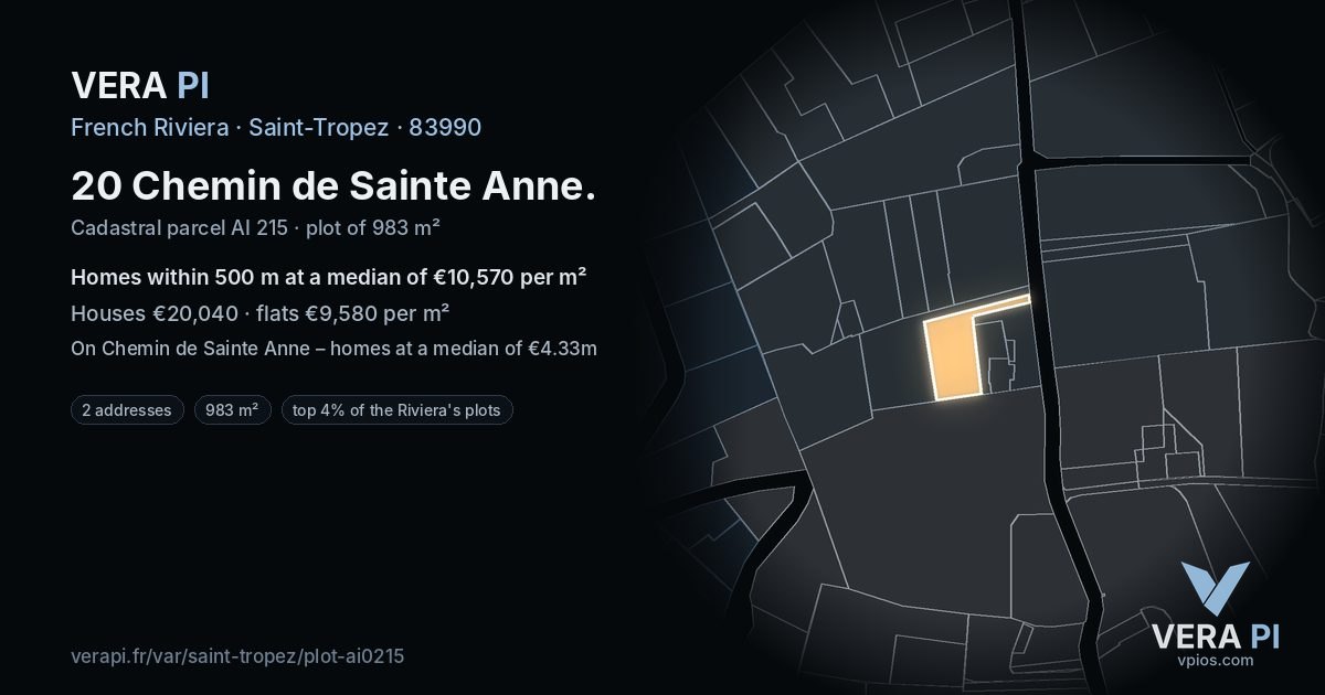 20 Chemin de Sainte Anne, Saint-Tropez at night – the plot lit, the parcels around coloured by the prices near them
