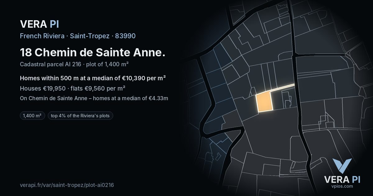 18 Chemin de Sainte Anne, Saint-Tropez at night – the plot lit, the parcels around coloured by the prices near them