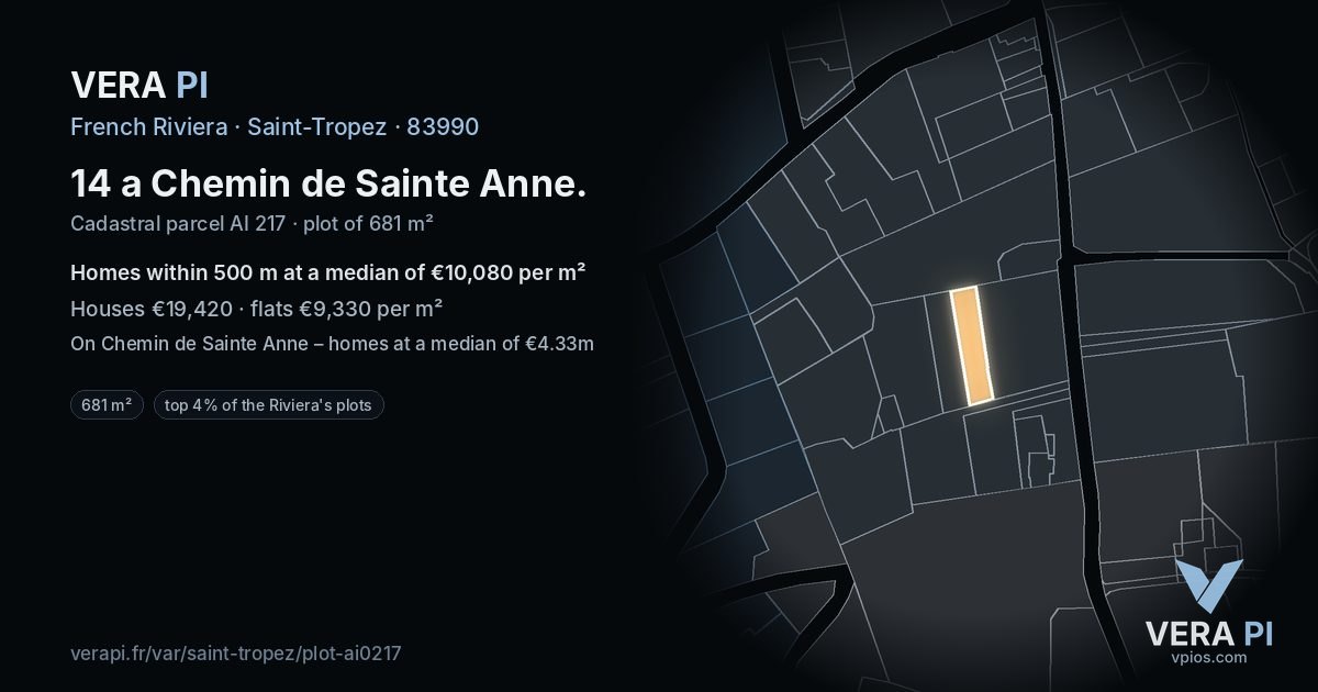 14 a Chemin de Sainte Anne, Saint-Tropez at night – the plot lit, the parcels around coloured by the prices near them