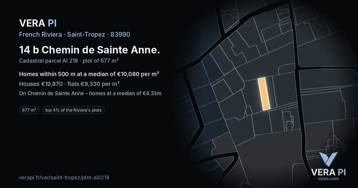 14 b Chemin de Sainte Anne, Saint-Tropez at night – the plot lit, the parcels around coloured by the prices near them