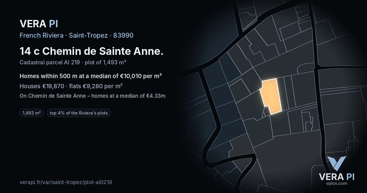 14 c Chemin de Sainte Anne, Saint-Tropez at night – the plot lit, the parcels around coloured by the prices near them