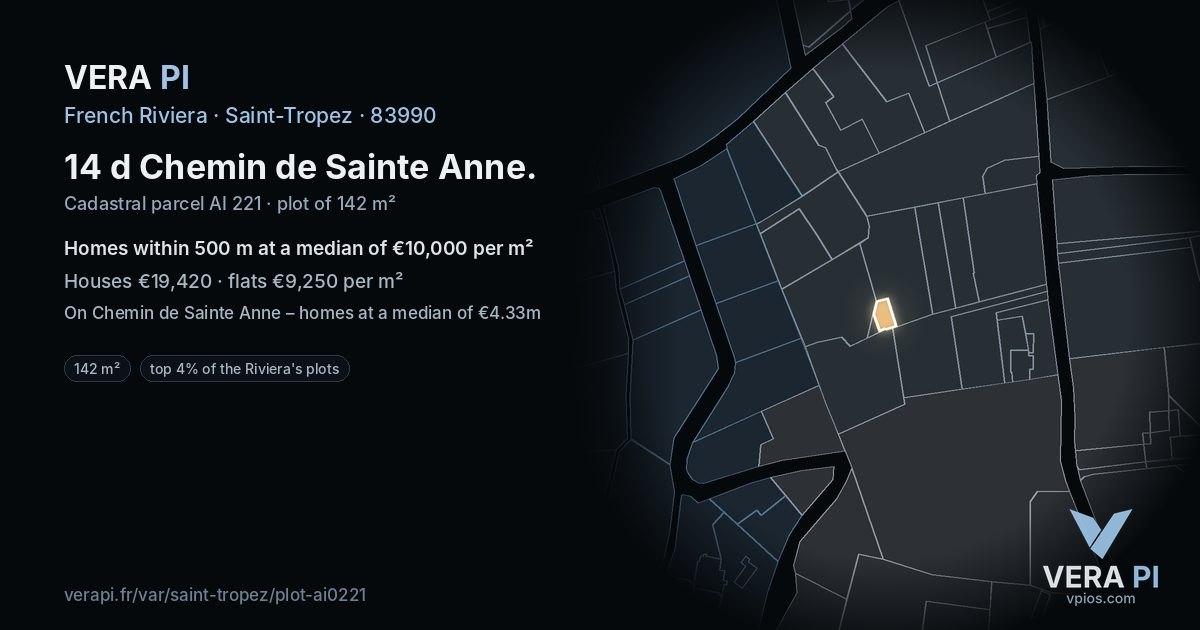 14 d Chemin de Sainte Anne, Saint-Tropez at night – the plot lit, the parcels around coloured by the prices near them