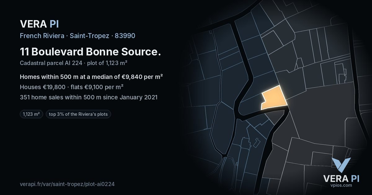 11 Boulevard Bonne Source, Saint-Tropez at night – the plot lit, the parcels around coloured by the prices near them
