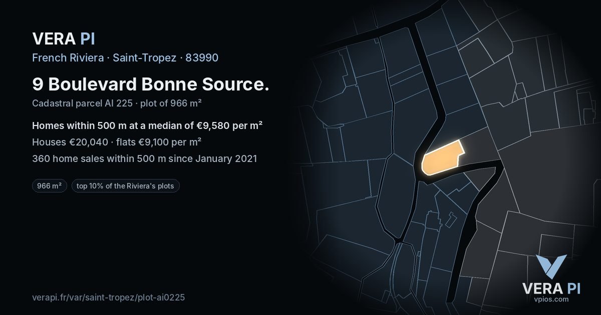 9 Boulevard Bonne Source, Saint-Tropez at night – the plot lit, the parcels around coloured by the prices near them