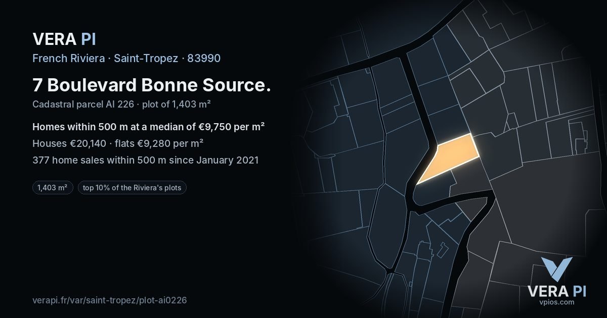 7 Boulevard Bonne Source, Saint-Tropez at night – the plot lit, the parcels around coloured by the prices near them